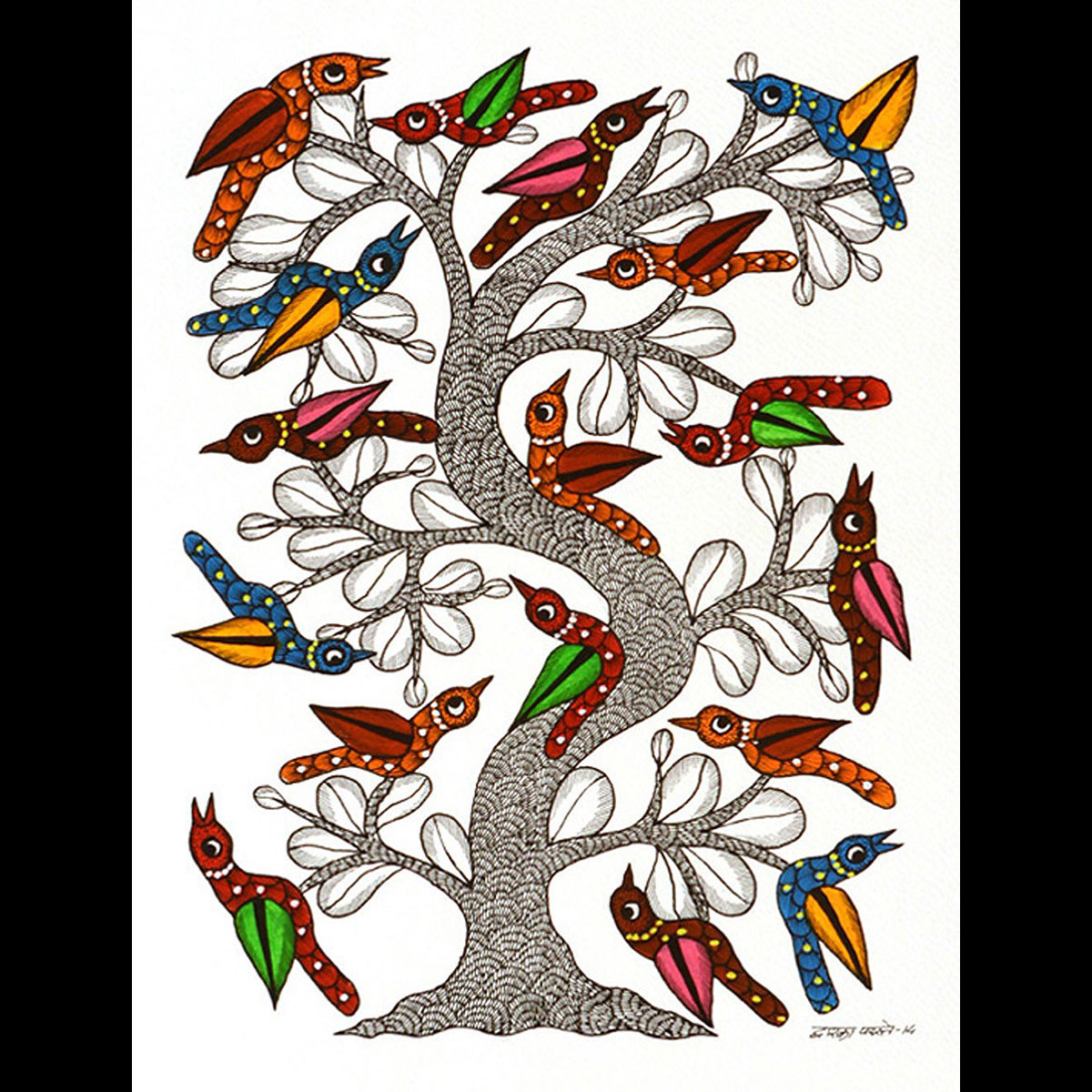 Gond Tribal Art Dwarka Paraste: Bird Tree Birds