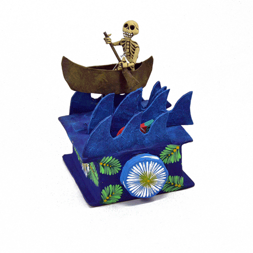 Cartoneria (Mexican Paper Mache) Josue Eleazar Castro: Rowing Skeleton with Red Fish cartoneria