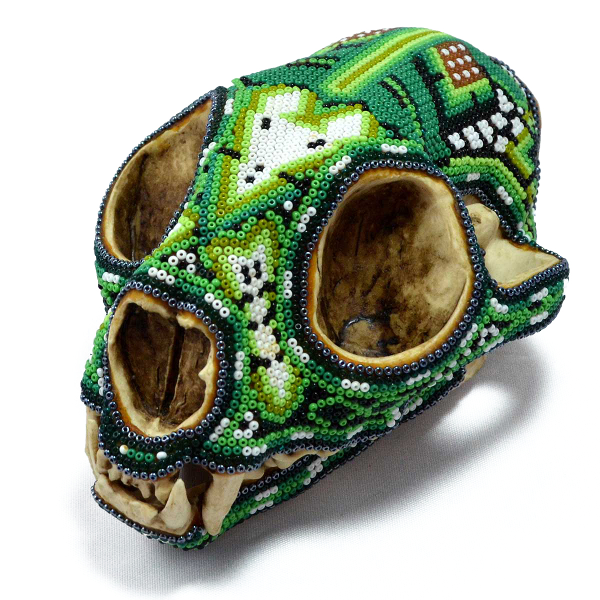 Wixárika (Huichol) Art Santos Bautista: Puma Skull Beaded Green Beaded