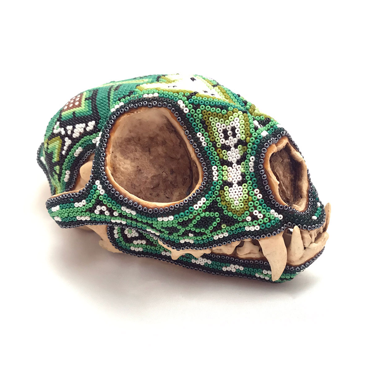 Wixárika (Huichol) Art Santos Bautista: Puma Skull Beaded Green Beaded