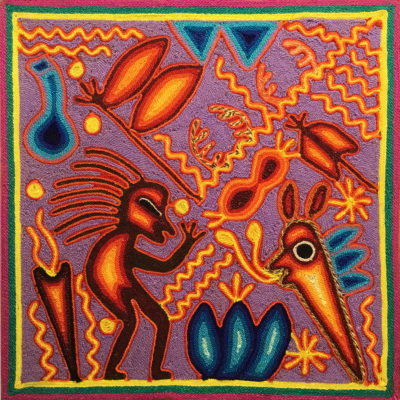 Wixárika (Huichol) Art Rogelio Torres 12″ Huichol Yarn Painting: Grandmother of Life with Burro Yarn Art