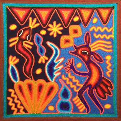Wixárika (Huichol) Art Rogelio Torres 12″ Huichol Yarn Painting: Snake Messenger Yarn Art