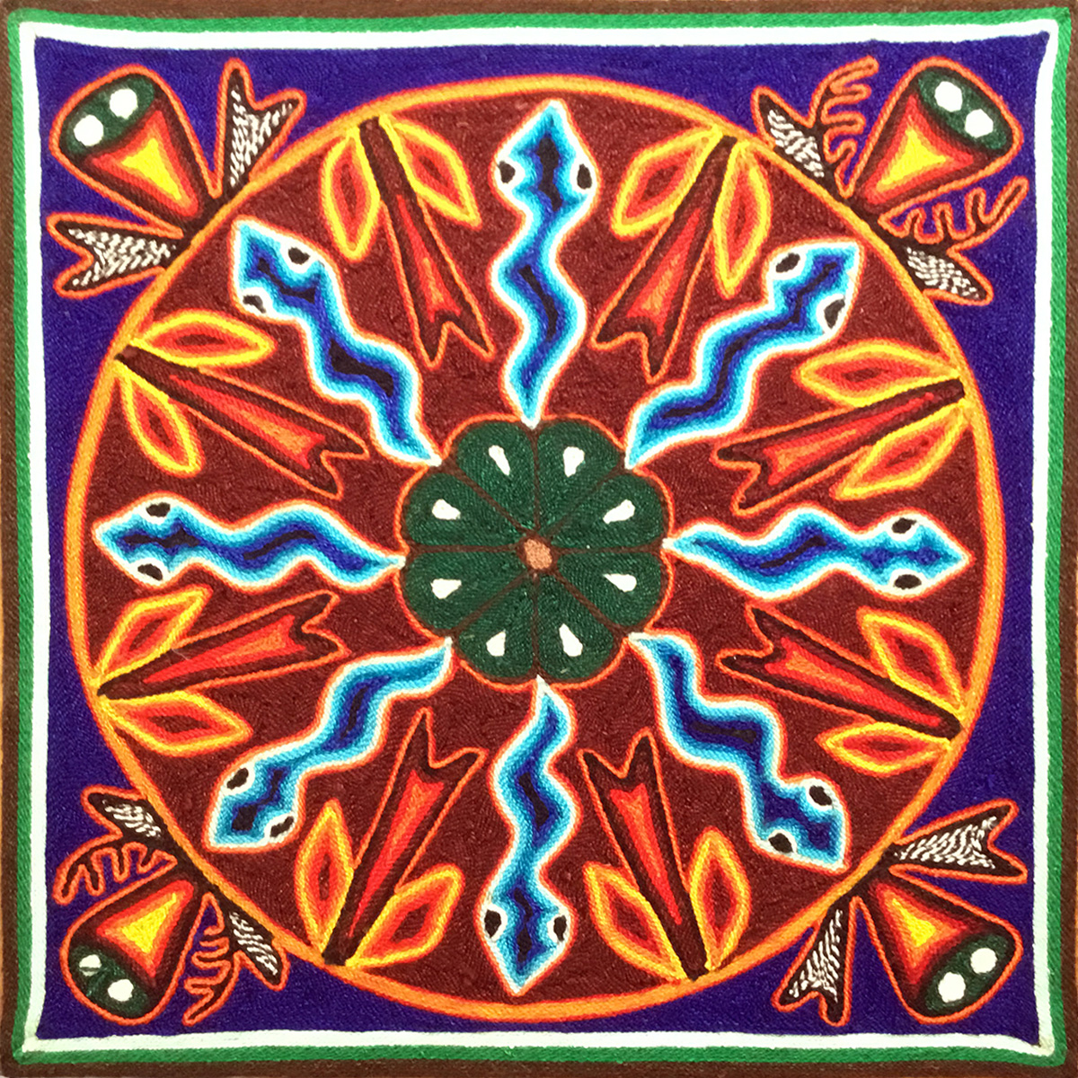 Wixárika (Huichol) Art Rogelio Torres 12″ Huichol Yarn Painting: Messenger Snakes Sent to Protect the Planting of Corn and Peyote Yarn Art