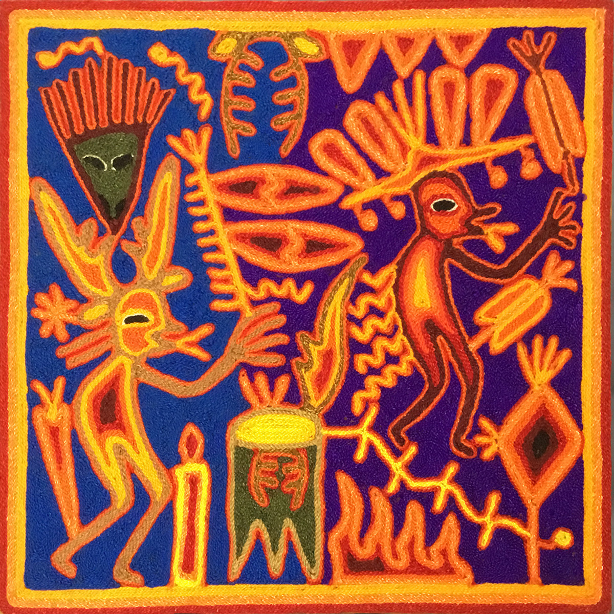 Wixárika (Huichol) Art Rogelio Torres 12″ Huichol Yarn Painting: Drum Dance and Shaman Healer Yarn Art
