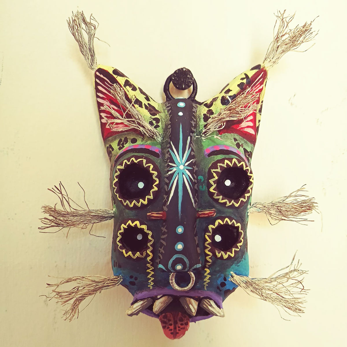 Cartoneria (Mexican Paper Mache) Isaias Alejandro Morales Delgado: Tecuán Nahui – Mini Wild Beast Mask with Stand Alebrijes