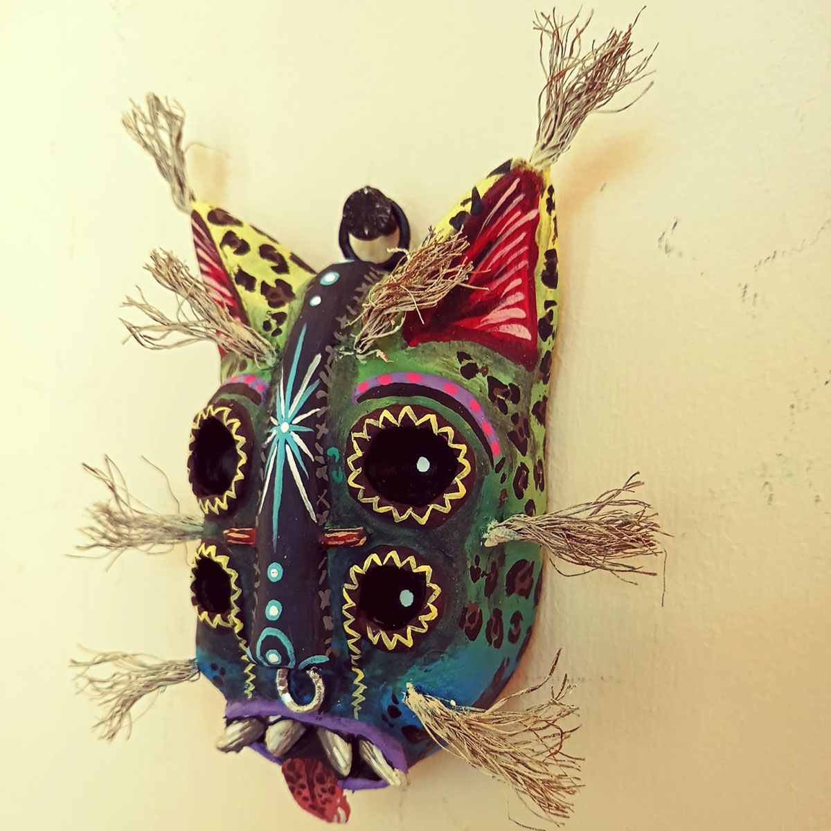 Cartoneria (Mexican Paper Mache) Isaias Alejandro Morales Delgado: Tecuán Nahui – Mini Wild Beast Mask with Stand Alebrijes