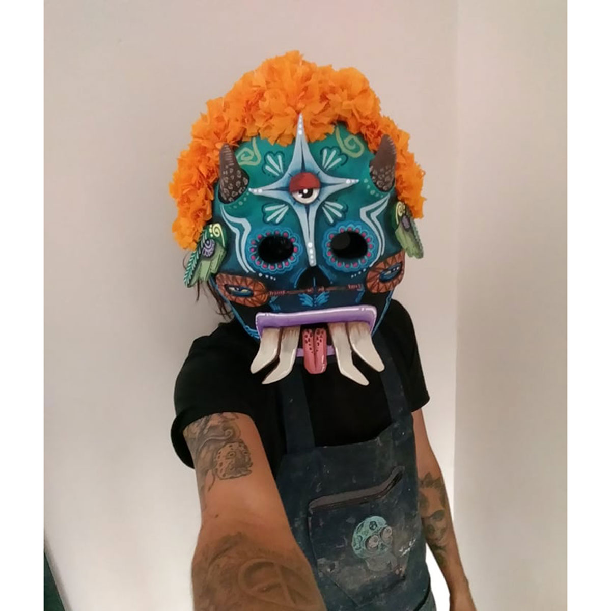 Cartoneria (Mexican Paper Mache) Isaias Alejandro Morales Delgado: Handmade Wearable Mask – Muerte Florida (Flowery Death) Alebrijes