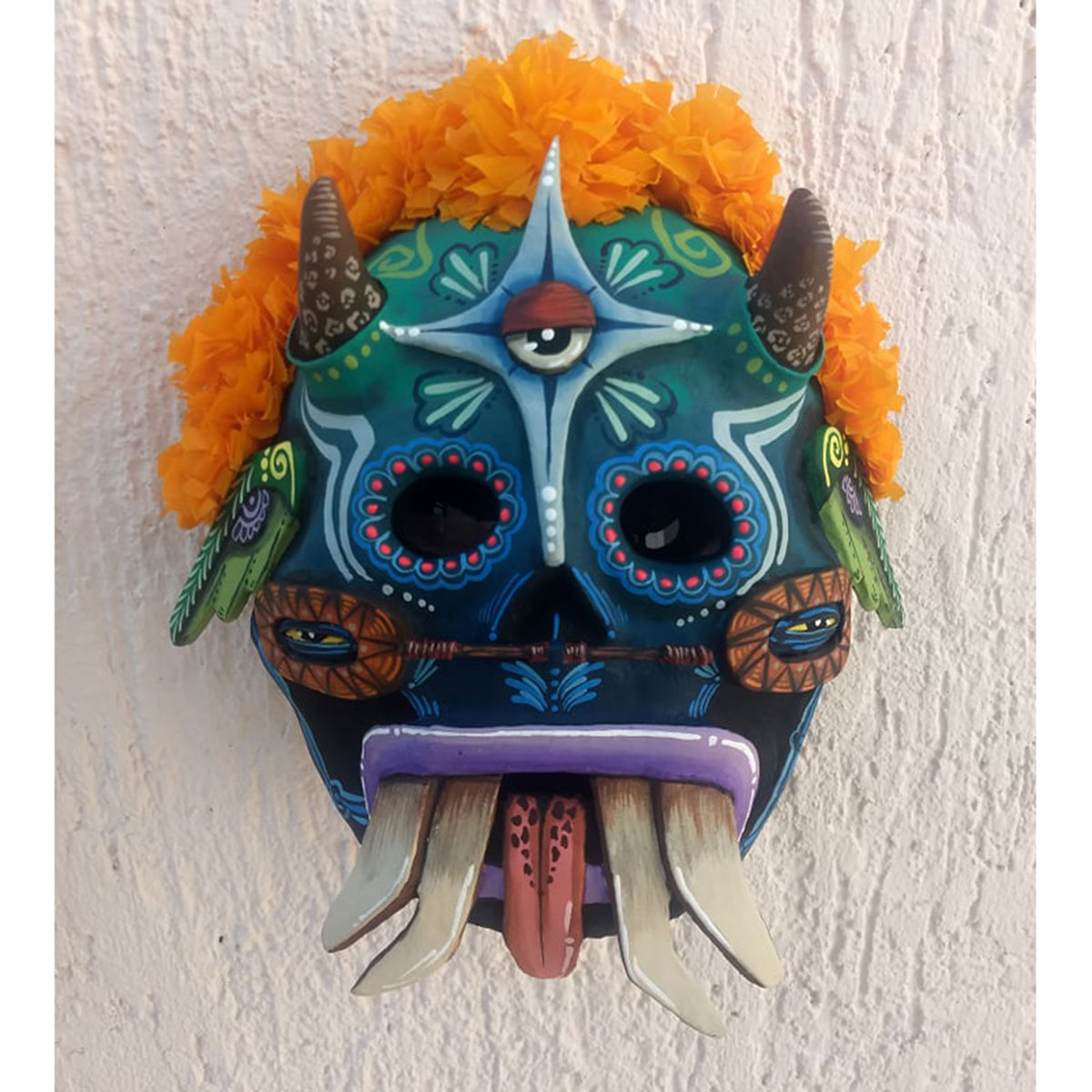Cartoneria (Mexican Paper Mache) Isaias Alejandro Morales Delgado: Handmade Wearable Mask – Muerte Florida (Flowery Death) Alebrijes