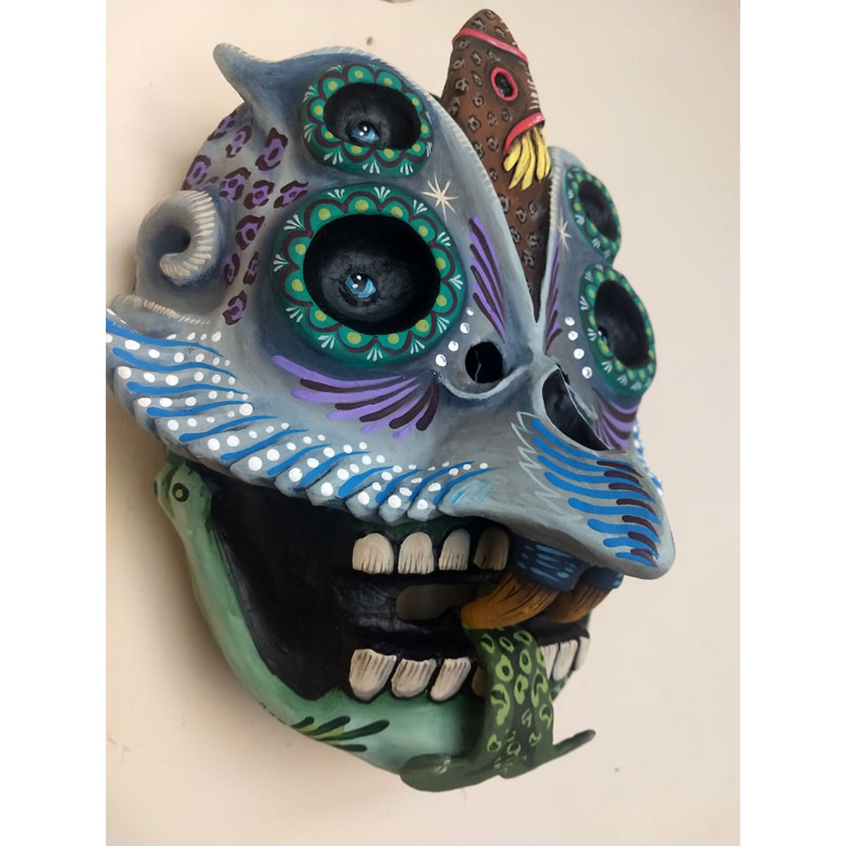 Cartoneria (Mexican Paper Mache) Isaias Alejandro Morales Delgado: Handmade Wearable Mask – Surgimiento (Emergence) Alebrijes