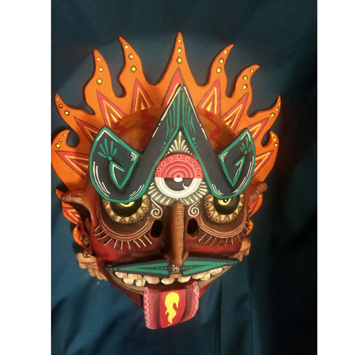 Cartoneria (Mexican Paper Mache) Isaias Alejandro Morales Delgado: Handmade Wearable Mask – Tonatiuh 1 (Sun Deity) Alebrijes