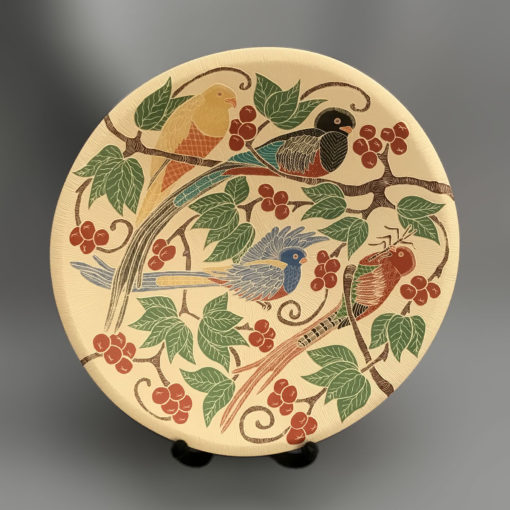 Guadalupe Melendez Guadalupe Melendez: Fine Etched Colorful Bird Plate and Stand Birds