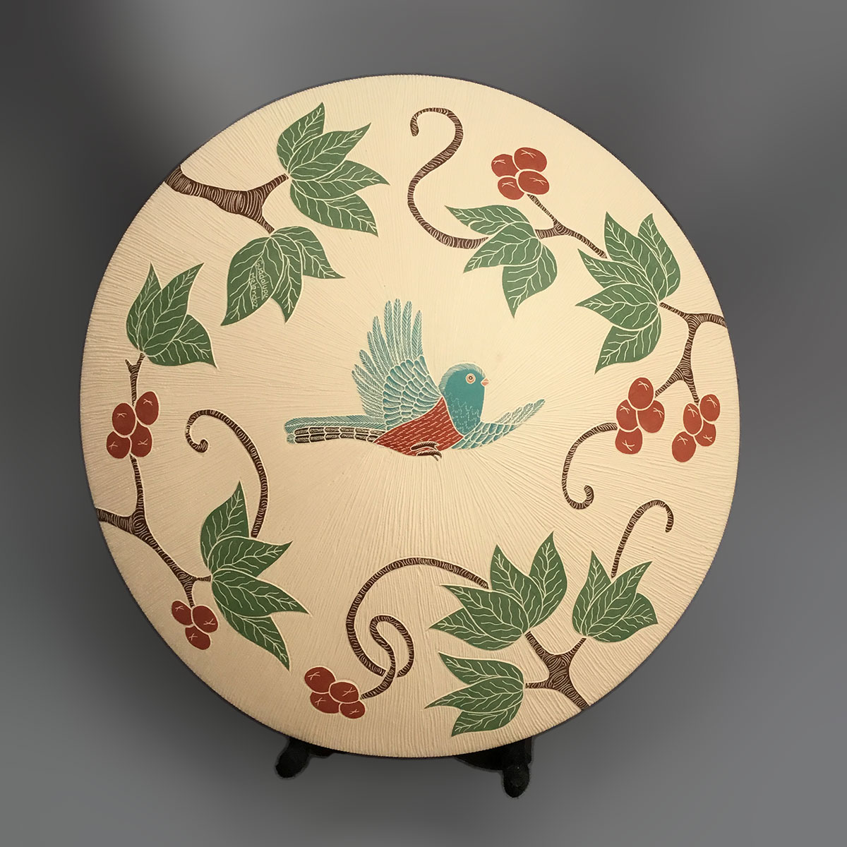 Guadalupe Melendez Guadalupe Melendez: Fine Etched Colorful Bird Plate and Stand Birds