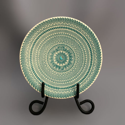 Hector Gallegos Jr. Hector Gallegos Jr.: Fine Etched Turtle Motif Plate with Turquoise Stone and Stand Hector Gallegos Jr.