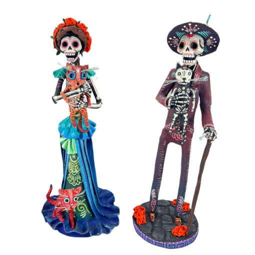 Cartoneria (Mexican Paper Mache) Isaias Alejandro Morales Delgado: Amor Felino / Eterna Comania  – Feline Love / Eternal Company Catrin and Catrina Set 1 Alebrijes