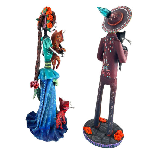 Cartoneria (Mexican Paper Mache) Isaias Alejandro Morales Delgado: Amor Felino / Eterna Comania  – Feline Love / Eternal Company Catrin and Catrina Set 1 Alebrijes